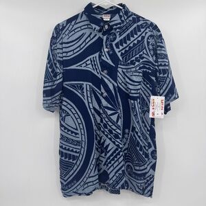 Hula Bay Shirt Men Medium NEW Blue Hawaiian Button Up Short Sleeve Rayon Tribal